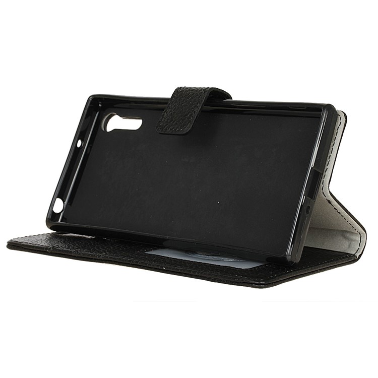 Litchi Genuine Leather Wallet Stand Case for Sony Xperia XZ - Black-5