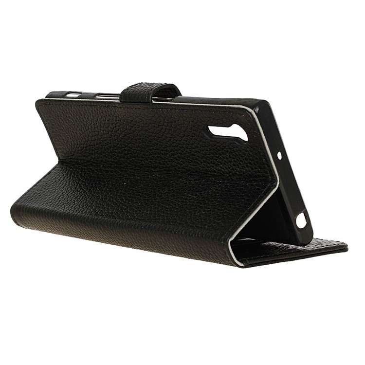 Litchi Genuine Leather Wallet Stand Case for Sony Xperia XZ - Black-6