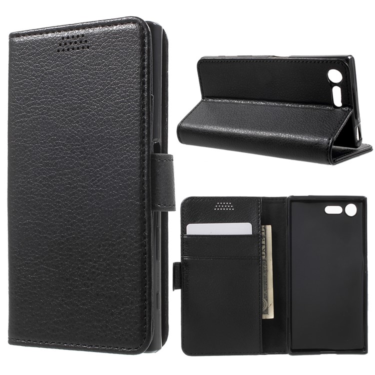 Lychee Skin Leather Wallet Case for Sony Xperia X Compact - Black-1