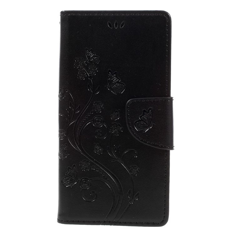Imprint Floral Butterfly Leather Case for Sony Xperia XZ with Lanyard - Black-3
