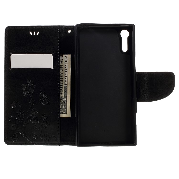 Imprint Floral Butterfly Leather Case for Sony Xperia XZ with Lanyard - Black-6