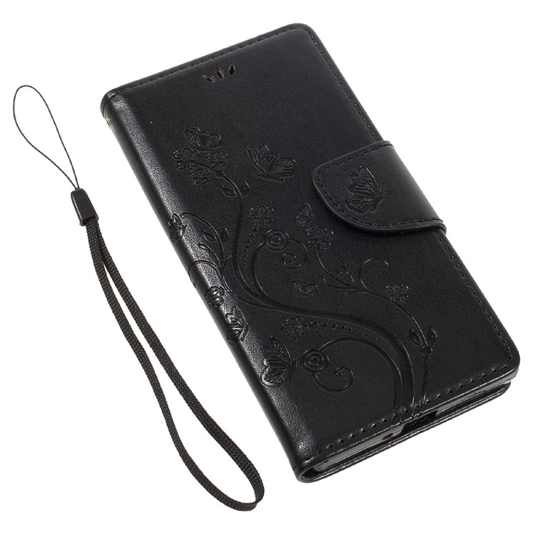 Imprint Floral Butterfly Leather Case for Sony Xperia XZ with Lanyard - Black-7