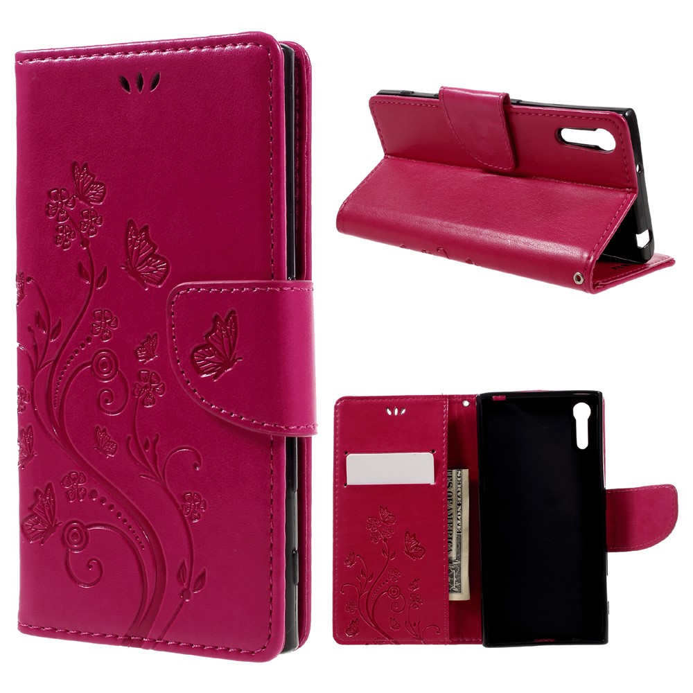Imprint Floral Butterfly Leather Wallet Case for Sony Xperia XZs / XZ with Lanyard - Rose-1