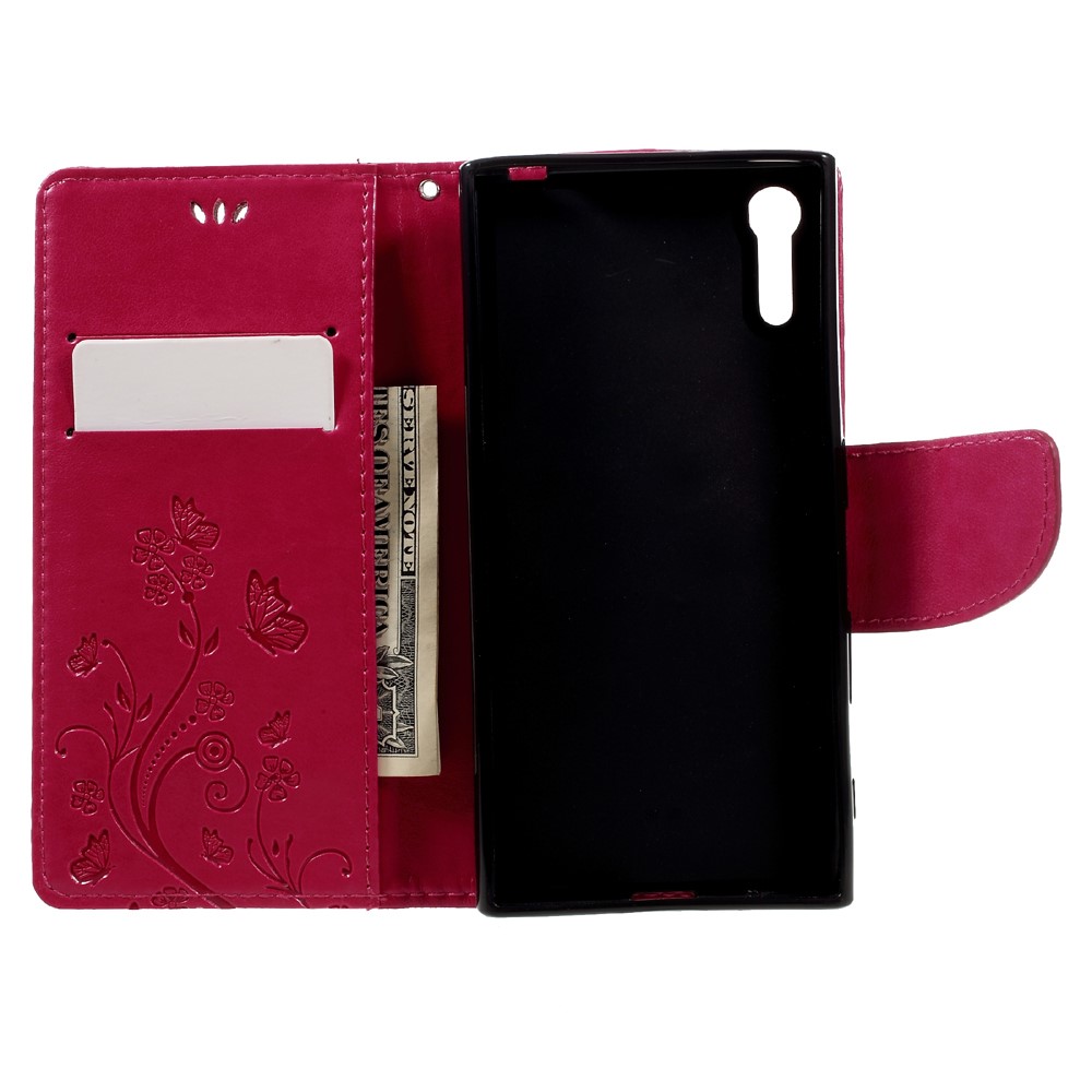 Imprint Floral Butterfly Leather Wallet Case for Sony Xperia XZs / XZ with Lanyard - Rose-6