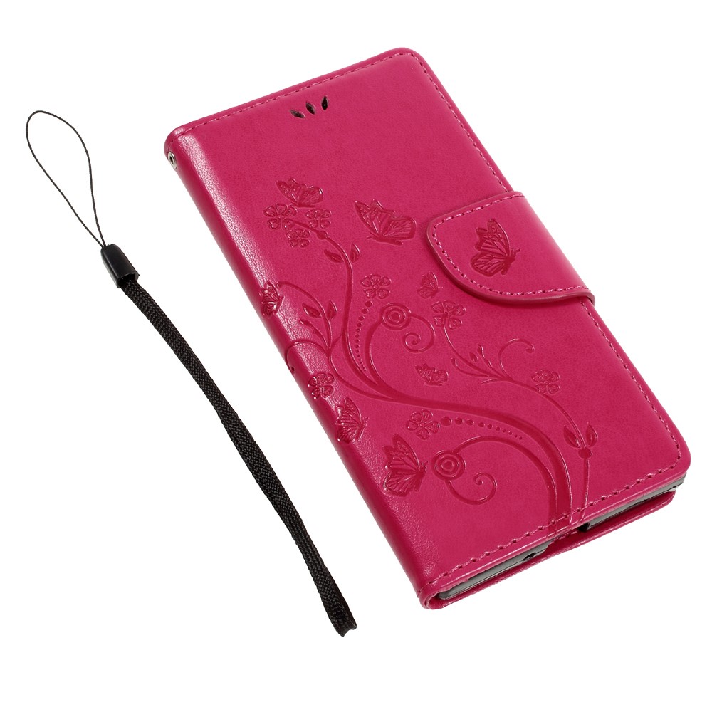Imprint Floral Butterfly Leather Wallet Case for Sony Xperia XZs / XZ with Lanyard - Rose-7