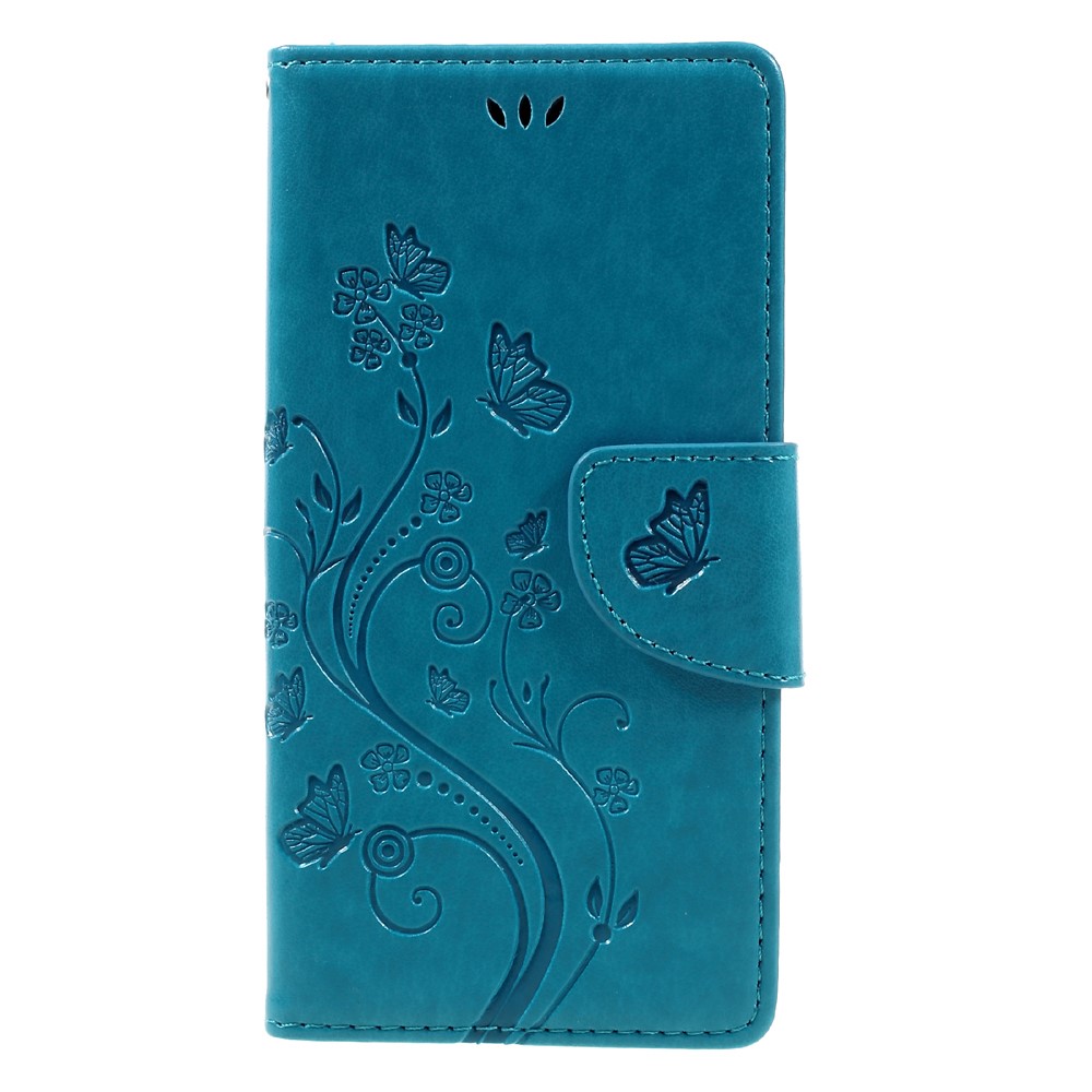 Imprint Floral Butterfly Leather MgAleby Case Para Sony Xperia XZS / Xz Com Cordão - Azul