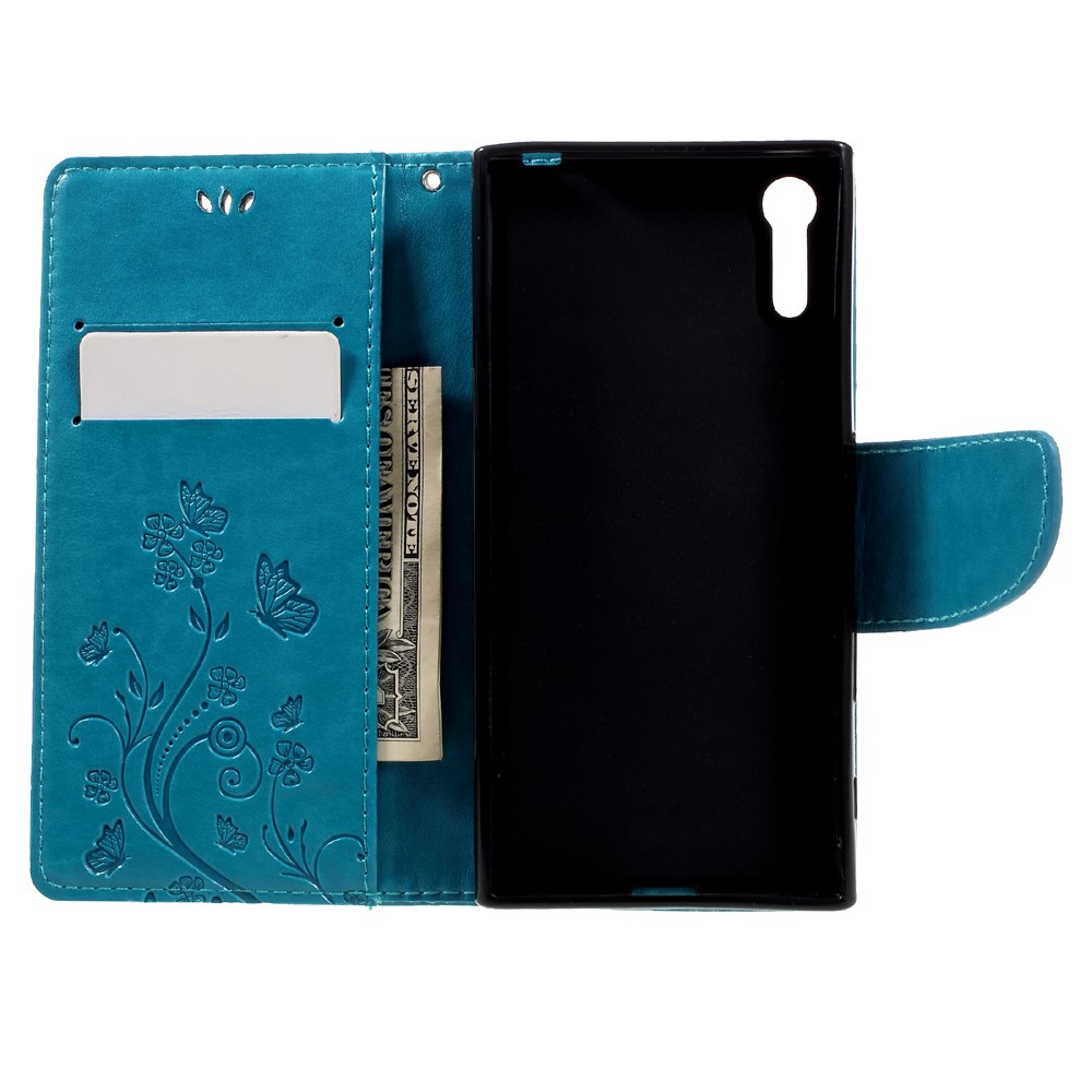 Imprint Floral Butterfly Leather MgAleby Case Para Sony Xperia XZS / Xz Com Cordão - Azul