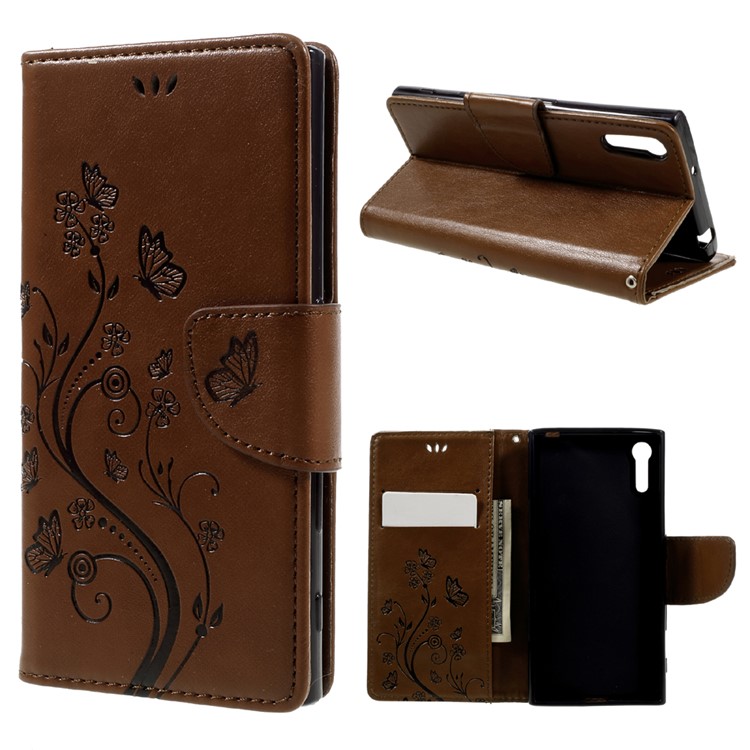 Imprint Floral Butterfly Leather Stand Flip Cover for Sony Xperia XZs / XZ with Lanyard - Brown-1