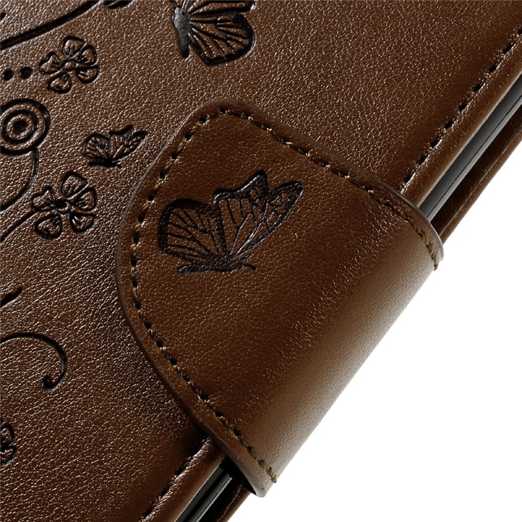 Imprint Floral Butterfly Leather Stand Flip Cover for Sony Xperia XZs / XZ with Lanyard - Brown-10