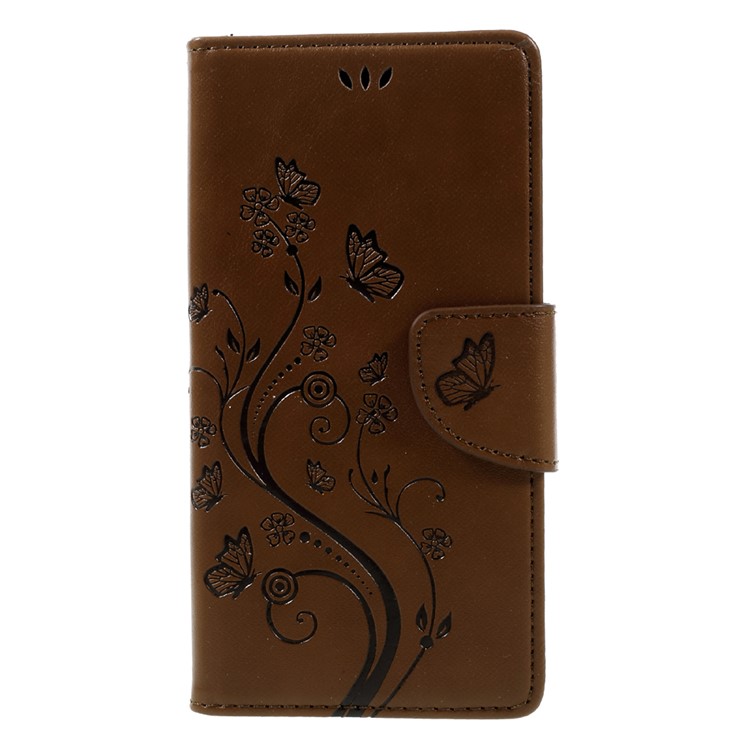 Imprint Floral Butterfly Leather Stand Flip Cover for Sony Xperia XZs / XZ with Lanyard - Brown-3