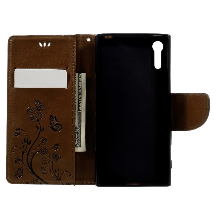 Imprint Floral Butterfly Leather Stand Flip Cover for Sony Xperia XZs / XZ with Lanyard - Brown-6