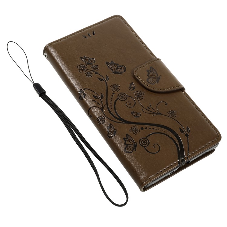 Imprint Floral Butterfly Leather Stand Flip Cover for Sony Xperia XZs / XZ with Lanyard - Brown-7