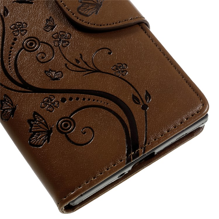 Imprint Floral Butterfly Leather Stand Flip Cover for Sony Xperia XZs / XZ with Lanyard - Brown-8