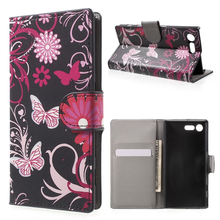 Patterned Leather Wallet Phone Shell for Sony Xperia X Compact - Butterflies and Flowers-1