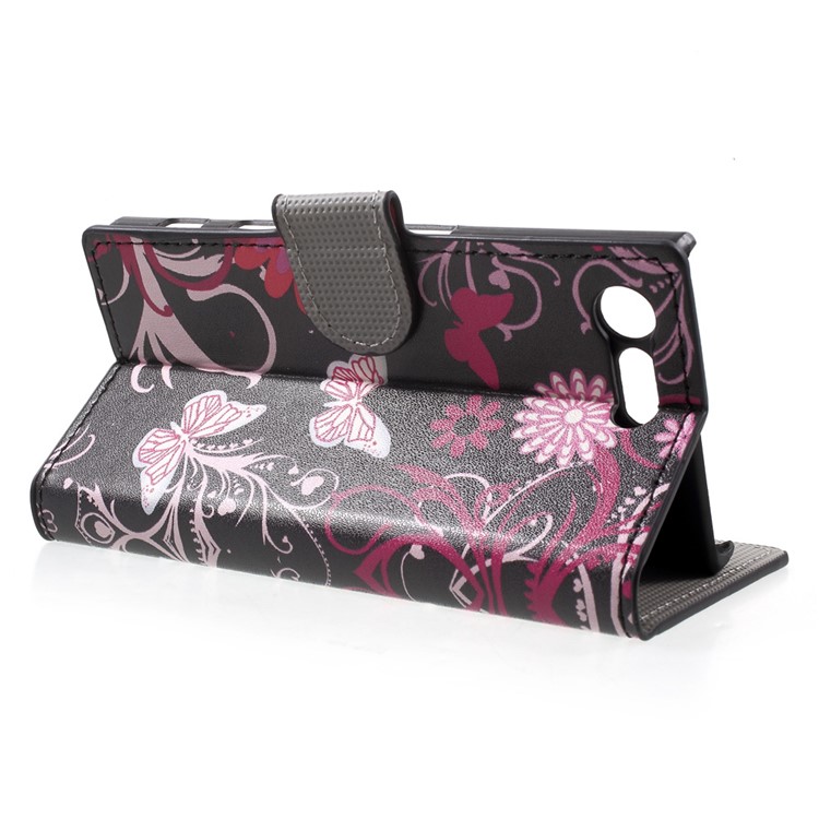 Patterned Leather Wallet Phone Shell for Sony Xperia X Compact - Butterflies and Flowers-3