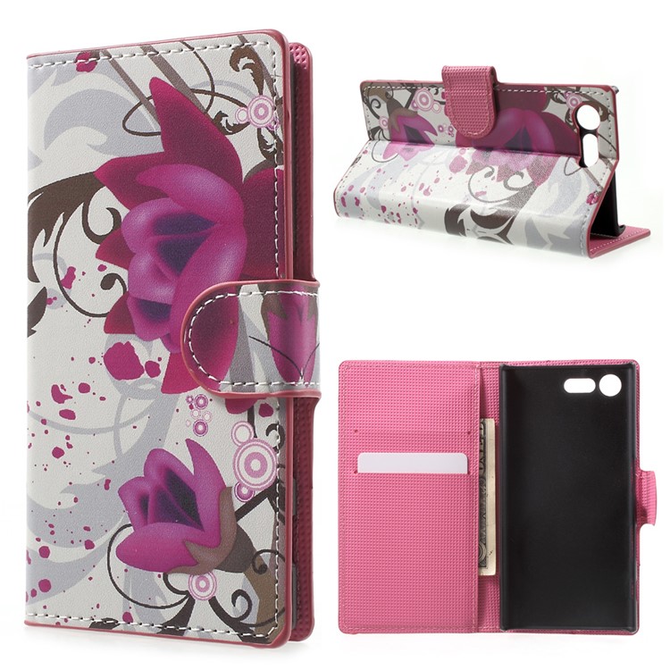 Wallet Leather Flip Protector Case for Sony Xperia X Compact - Purple Flowers-1