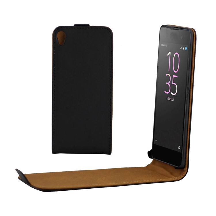 Vertical Flip Leather Phone Cover Case for Sony Xperia E5 - Black-1