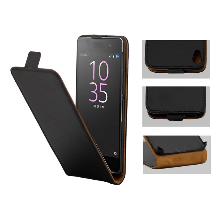 Vertical Flip Leather Phone Cover Case for Sony Xperia E5 - Black-3