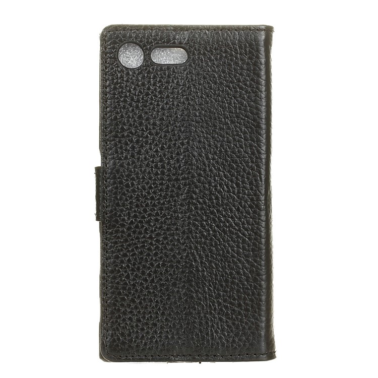 Litchi Grain Stand Wallet Genuine Leather Case for Sony Xperia X Compact - Black-2