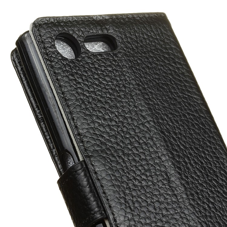 Litchi Grain Stand Wallet Genuine Leather Case for Sony Xperia X Compact - Black-3