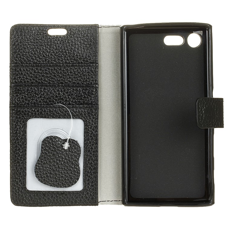 Litchi Grain Stand Wallet Genuine Leather Case for Sony Xperia X Compact - Black-4