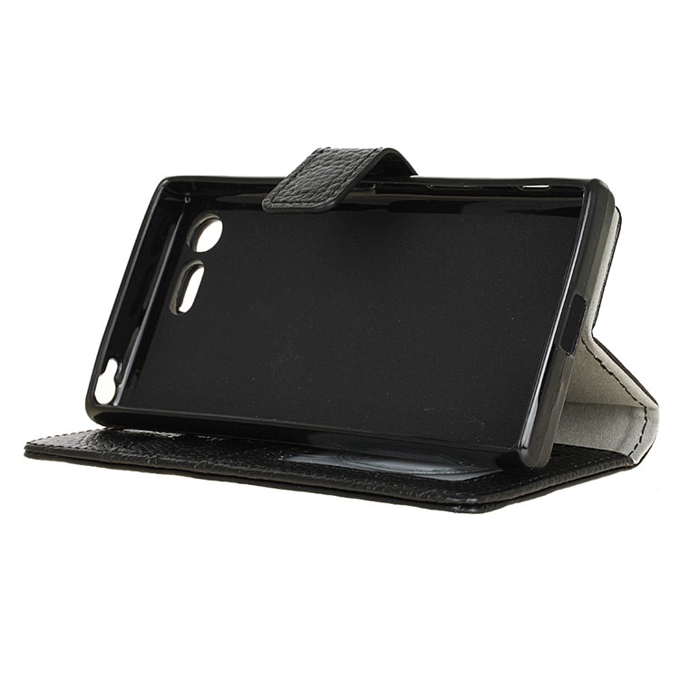 Litchi Grain Stand Wallet Genuine Leather Case for Sony Xperia X Compact - Black-5