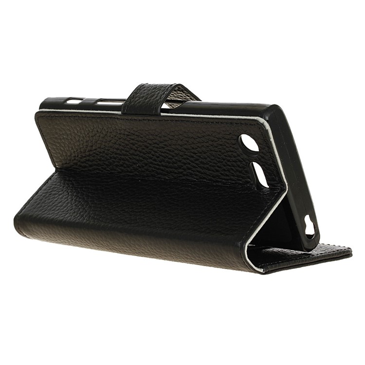 Litchi Grain Stand Wallet Genuine Leather Case for Sony Xperia X Compact - Black-6