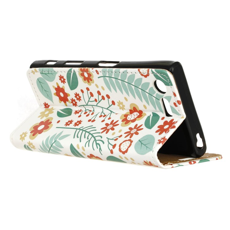 For Sony Xperia X Compact Stand Wallet Leather Phone Case - Flowers and Leaves-4