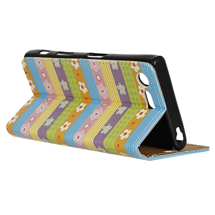 Protective Leather Wallet Cover for Sony Xperia X Compact - Colored Stripes Flowers-4