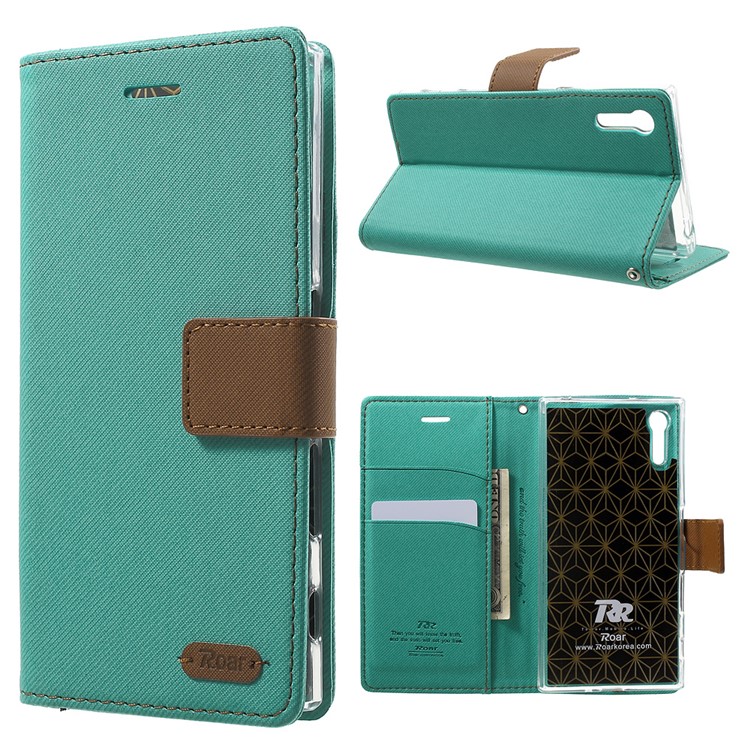 ROAR KOREA for Sony Xperia XZs / XZ Twill Texture Leather Wallet Stand Cover - Green-1