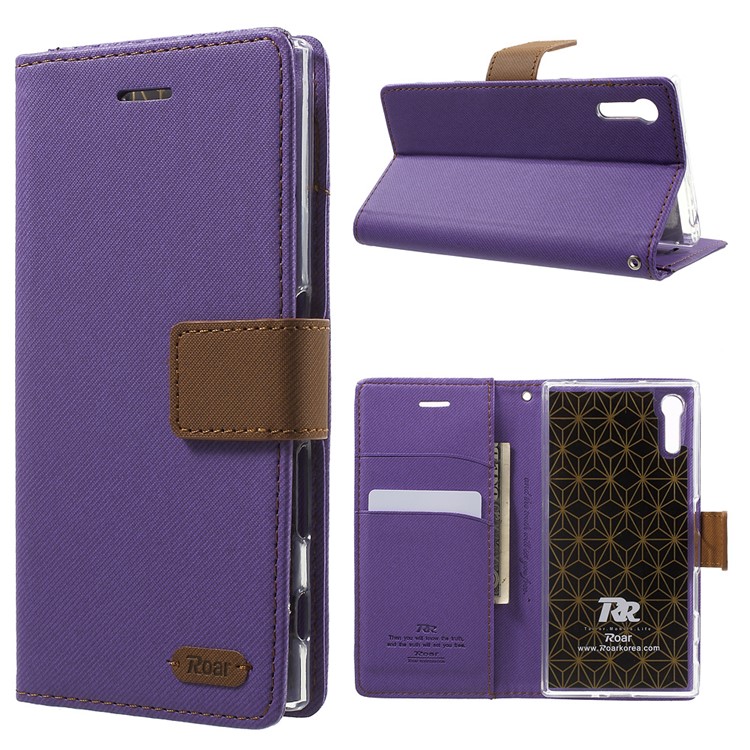 ROAR KOREA for Sony Xperia XZs / XZ Twill Texture Leather Wallet Stand Shell - Purple-1