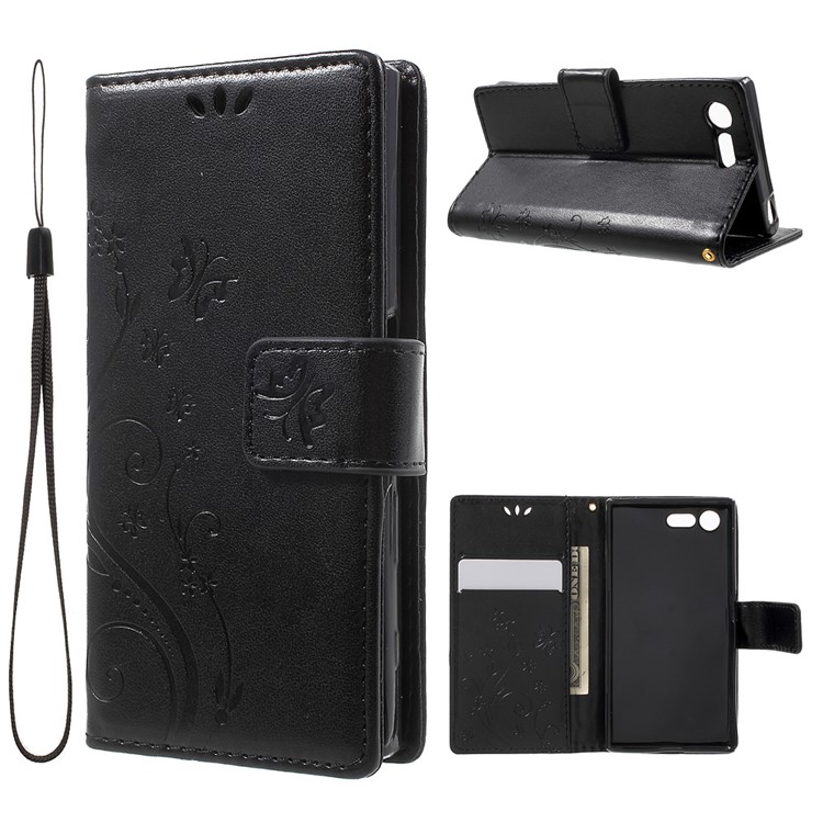 Imprint Butterfly & Flower Leather Wallet Cover for Sony Xperia X Compact - Black-1