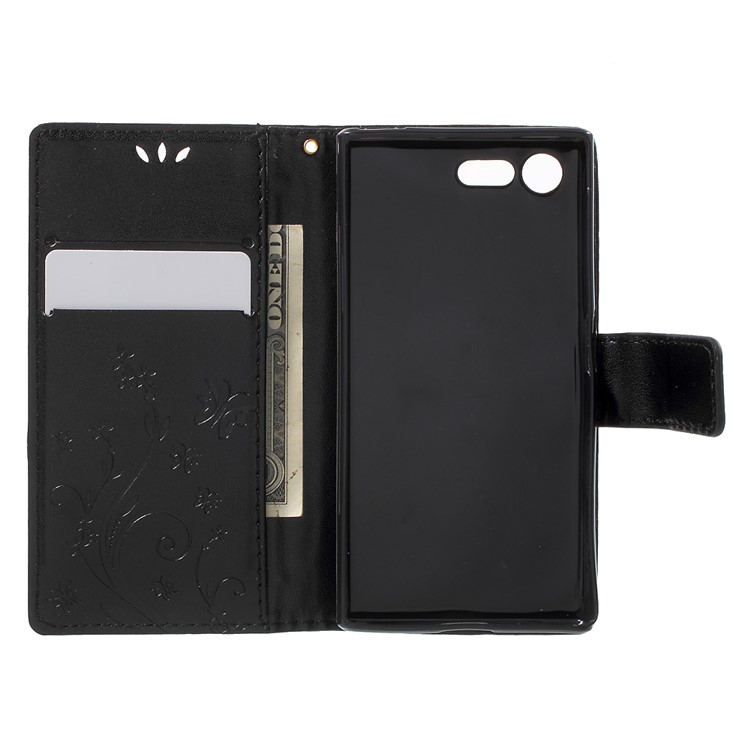 Imprint Butterfly & Flower Leather Wallet Cover for Sony Xperia X Compact - Black-4