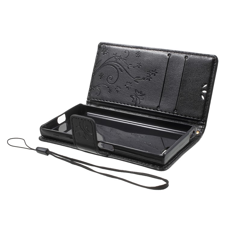 Imprint Butterfly & Flower Leather Wallet Cover for Sony Xperia X Compact - Black-5