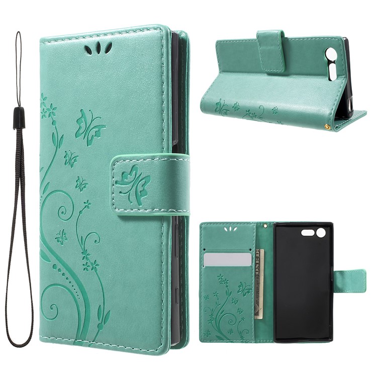 Imprint Butterfly & Flower Leather Wallet Flip Cover for Sony Xperia X Compact - Cyan-1