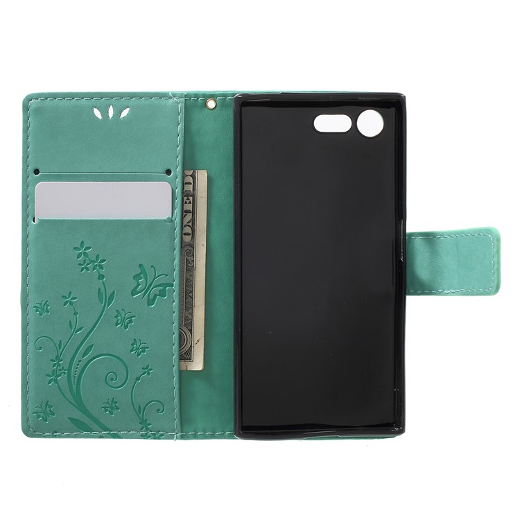 Imprint Butterfly & Flower Leather Wallet Flip Cover for Sony Xperia X Compact - Cyan-4