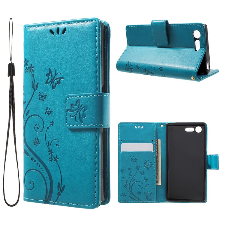 Imprint Butterfly & Flower Leather Wallet Flip Shell for Sony Xperia X Compact - Baby Blue-1