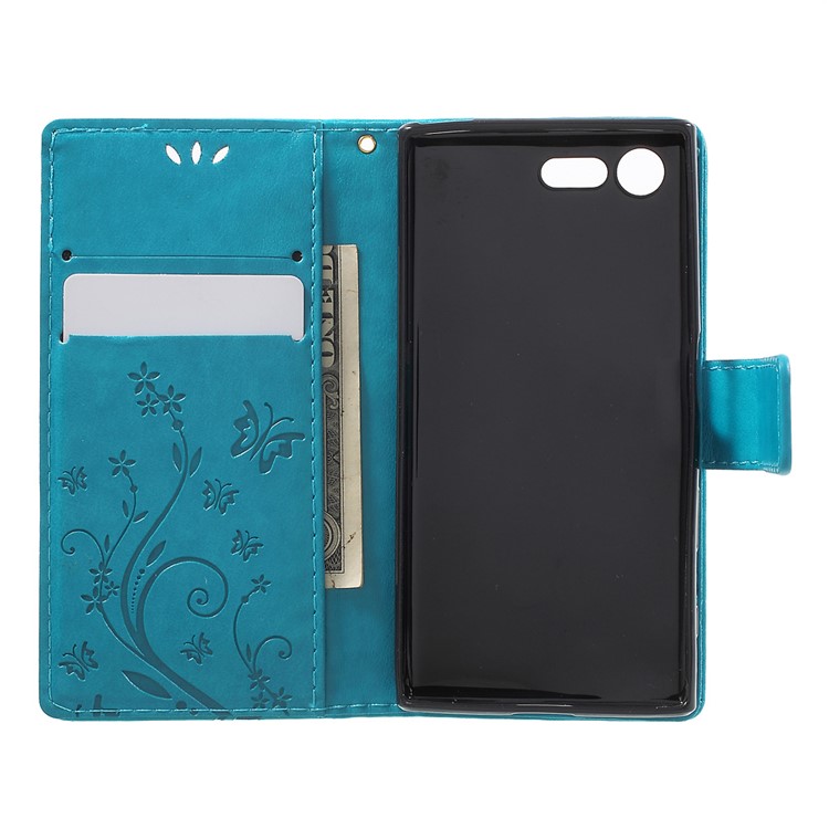 Imprint Butterfly & Flower Leather Wallet Flip Shell for Sony Xperia X Compact - Baby Blue-4