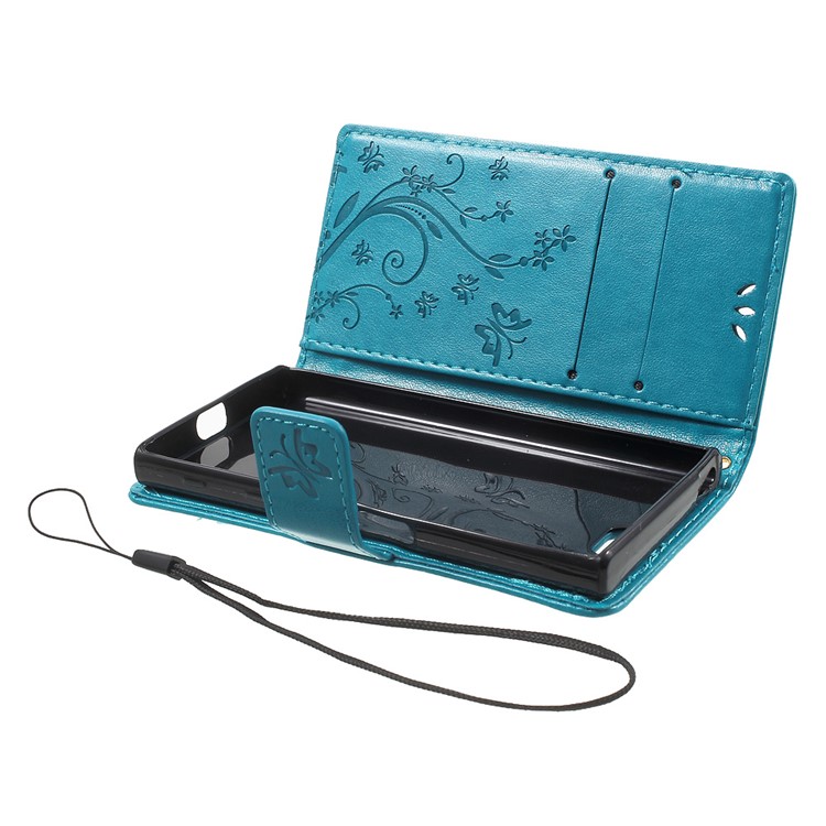 Imprint Butterfly & Flower Leather Wallet Flip Shell for Sony Xperia X Compact - Baby Blue-5