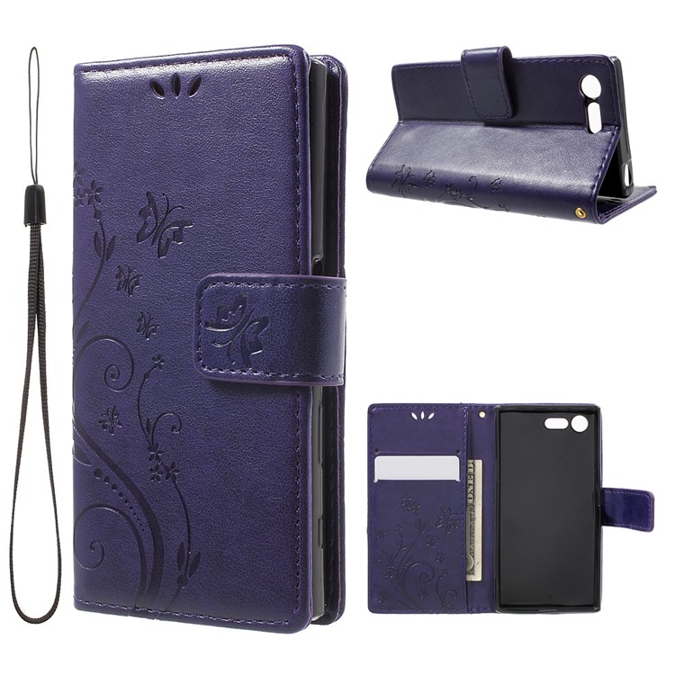 Imprint Leather Wallet Stand Cover for Sony Xperia X Compact - Dark Purple-1