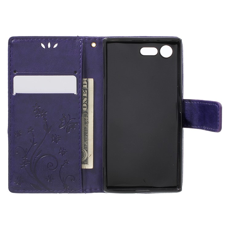 Imprint Leather Wallet Stand Cover for Sony Xperia X Compact - Dark Purple-4