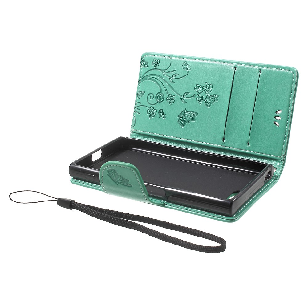 Imprinted Butterfly Flora Leather Card Holder Case for Sony Xperia X Compact - Cyan-5