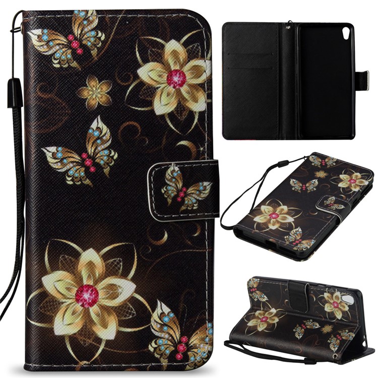 Wallet Stand Leather Patterned Cell Phone Case for Sony Xperia E5 - Flowers and Butterflies-1