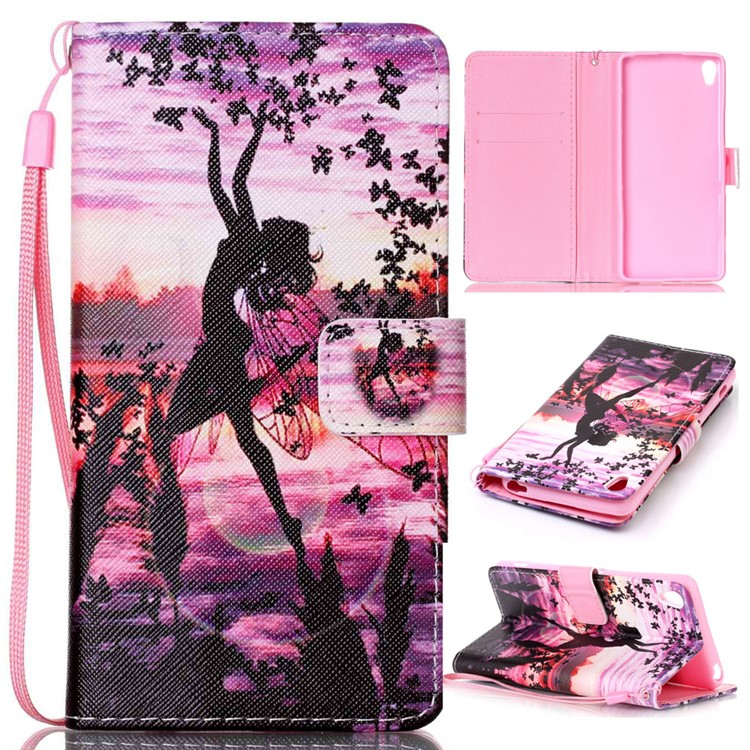 Patterned Leather Wallet Flip Case with Hand Strap for Sony Xperia XA / XA Dual - Fairy and Butterflies-1