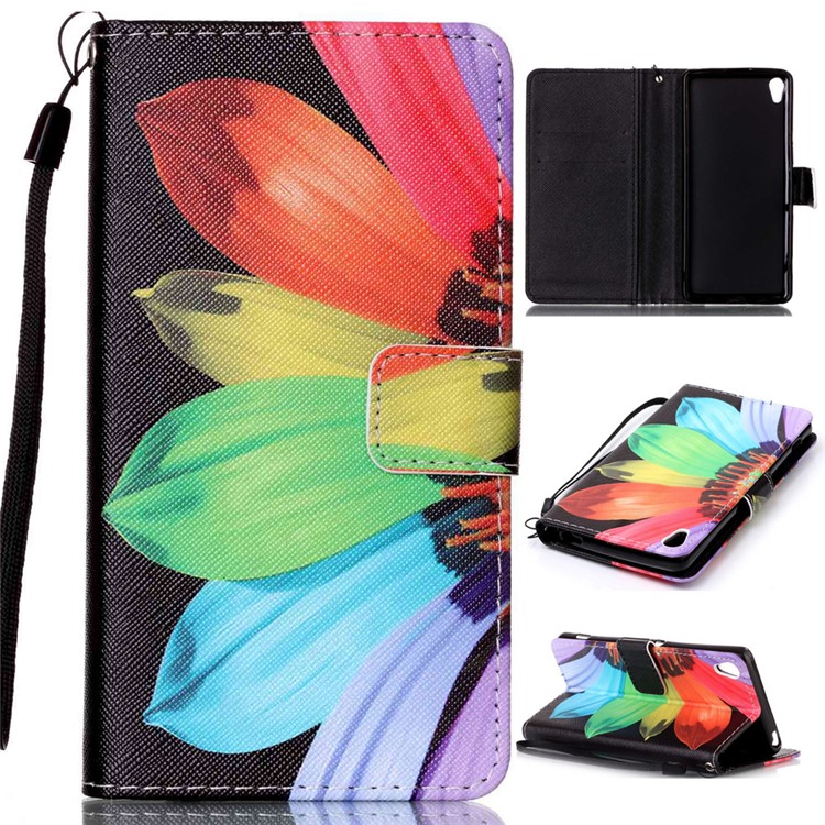 Patterned Leather Wallet Shell with Lanyard for Sony Xperia XA / XA Dual - Colorful Daisy-1