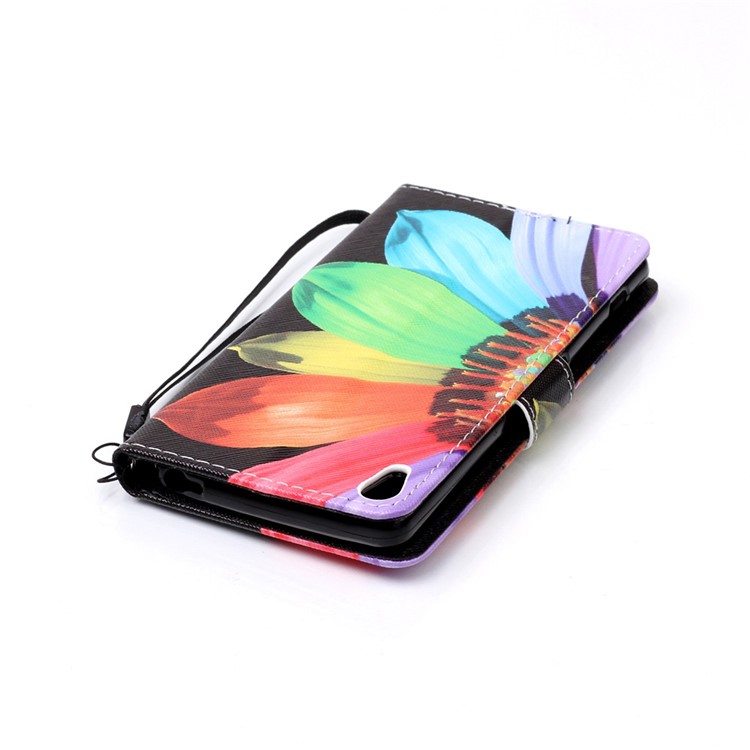 Patterned Leather Wallet Shell with Lanyard for Sony Xperia XA / XA Dual - Colorful Daisy-6