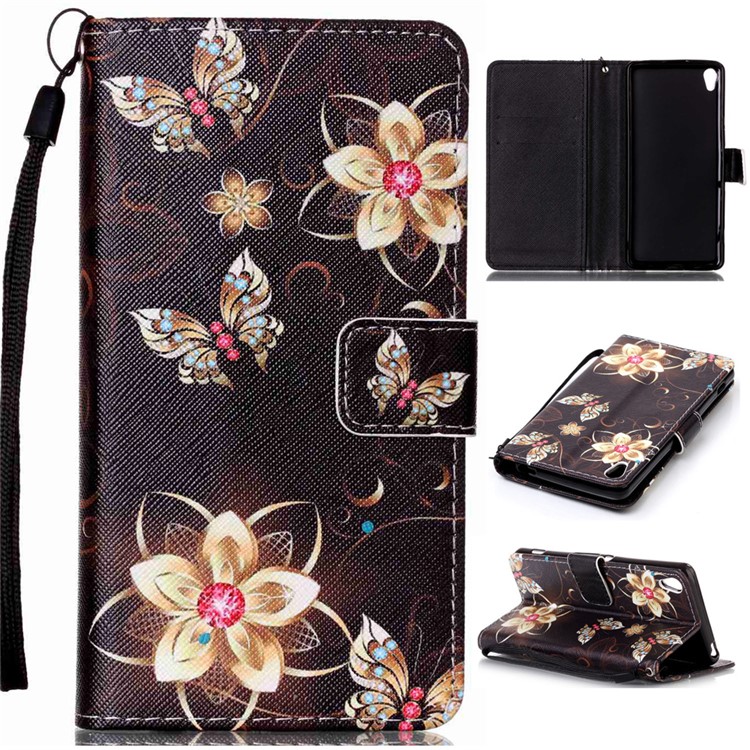 Patterned Leather Wallet Mobile Cover for Sony Xperia XA / XA Dual - Gold Flowers and Butterflies-1