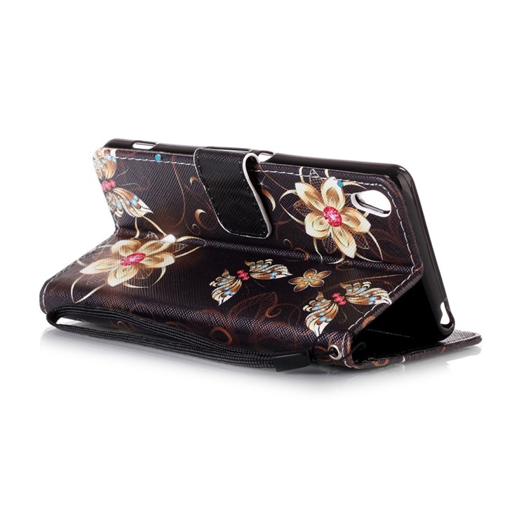 Patterned Leather Wallet Mobile Cover for Sony Xperia XA / XA Dual - Gold Flowers and Butterflies-4