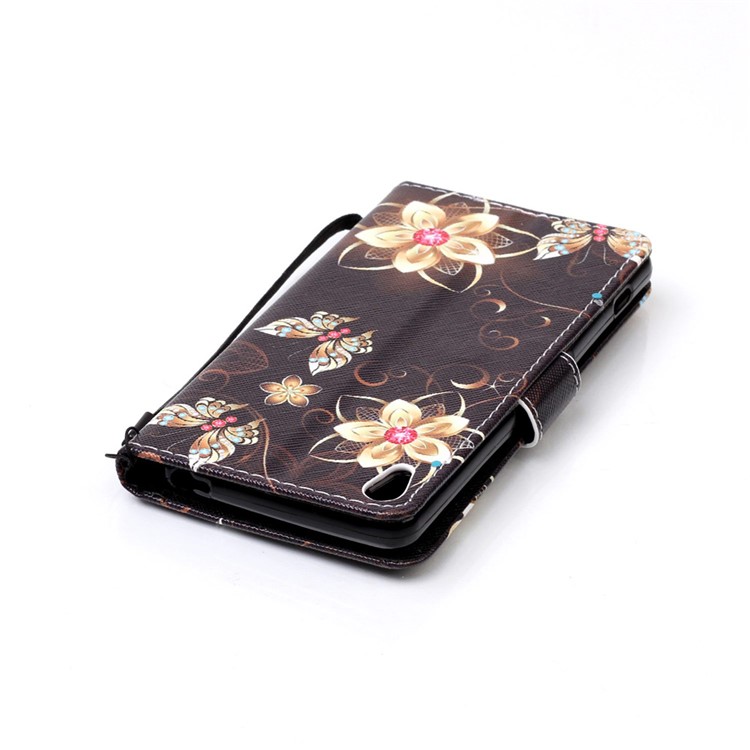 Patterned Leather Wallet Mobile Cover for Sony Xperia XA / XA Dual - Gold Flowers and Butterflies-6