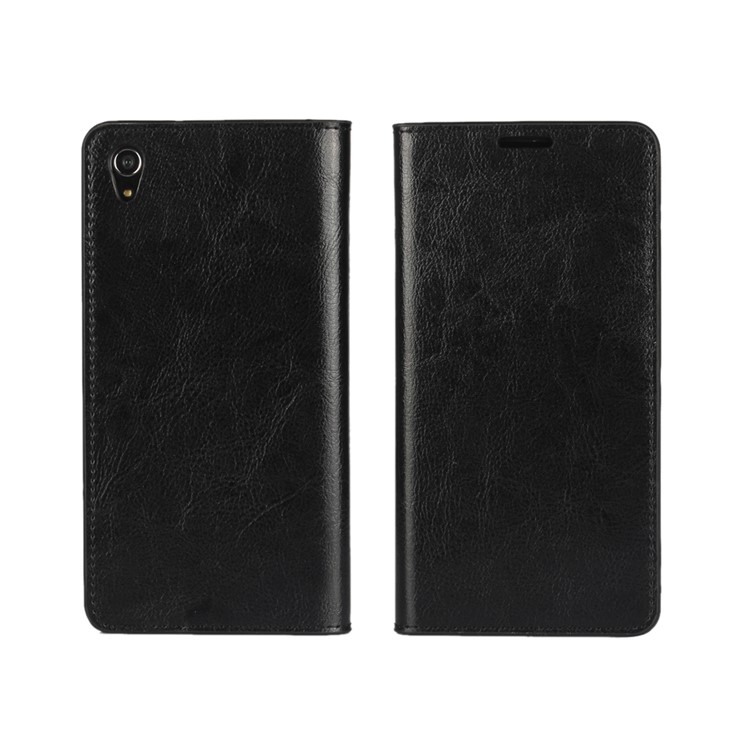 Crazy Horse Full Grain Genuine Leather Wallet Stand Case for Sony Xperia Z5 Premium / Dual - Black-1